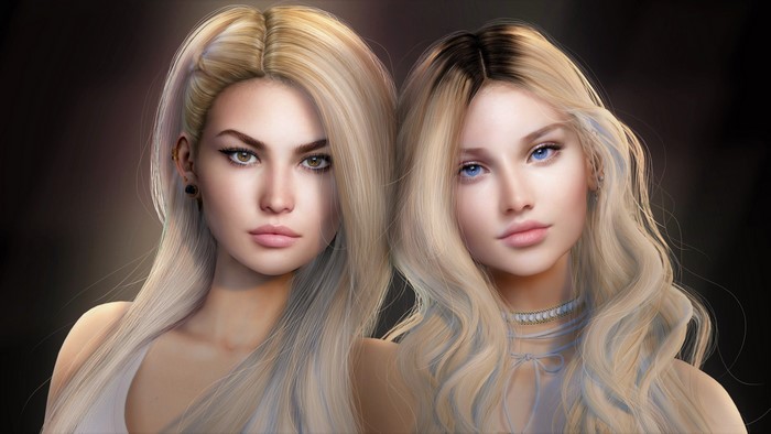 Two blonde women with blue and green eyes