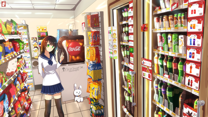Anime girl in a convenience store with snacks and drinks