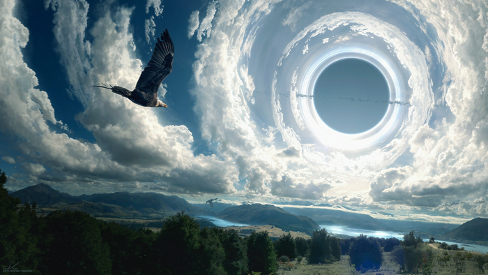 Eagle flying towards a black hole in the sky