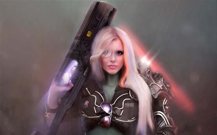 Futuristic blonde woman with a large weapon