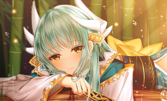 Kiyohime from Fate/Grand Order with green hair and horns