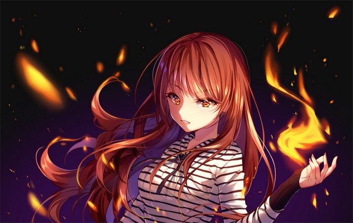 Anime girl with long brown hair and fire
