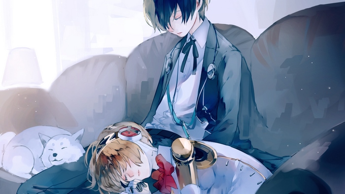 Minato Arisato and Aigis from Persona 3 sleeping with Koromaru