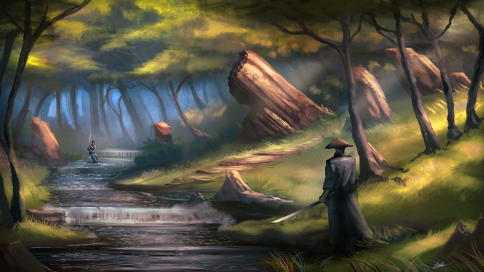 Samurai warriors by a river in a forest