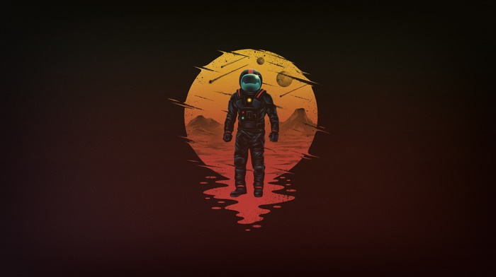 Astronaut on a desolate planet with meteors