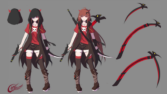 Anime girl with scythes and skull shirt