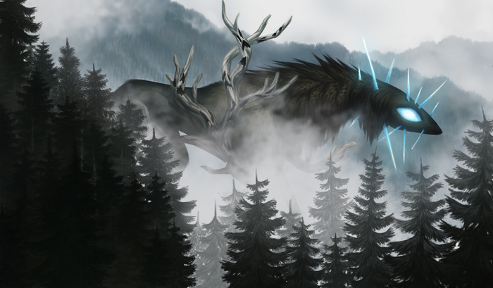 Giant creature with antlers in a foggy forest