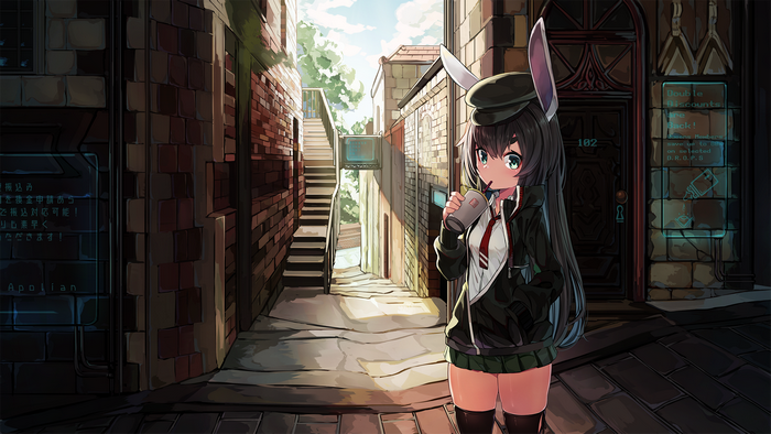 Anime girl with bunny ears drinking from a cup