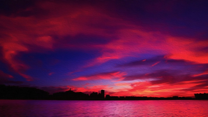 Artistic Sunset Over Water with City Silhouette