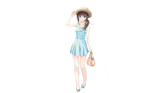 Anime girl in blue dress and hat holding a bag