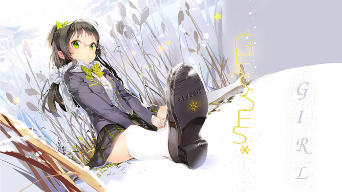 Anime girl with glasses in winter snow