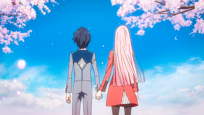 Hiro and Zero Two Holding Hands in Darling in the FranXX