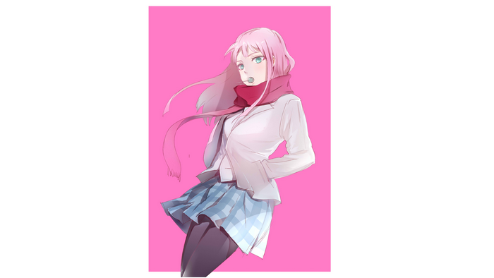 Girl with pink hair and blue skirt