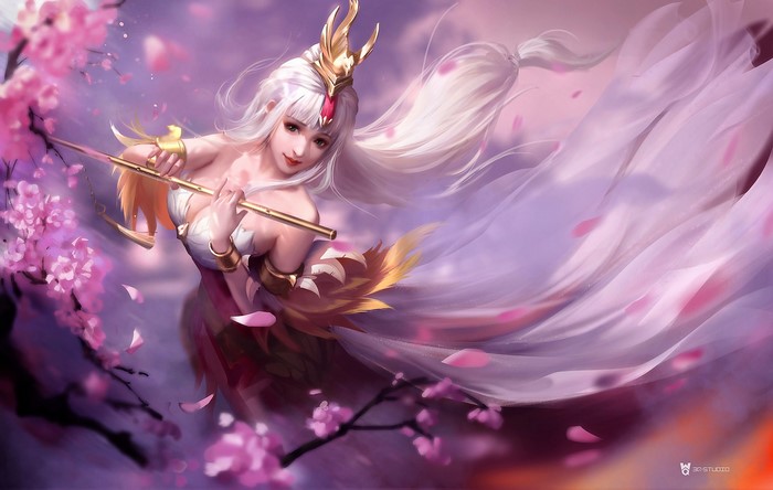 Fantasy Woman Playing Flute Among Sakura Blossoms