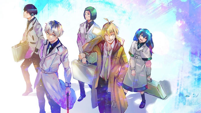 Tokyo Ghoul characters Saiko Yonebayashi, Ken Kaneki, Haise Sasaki, Tooru Mutsuki, Kuki Urie