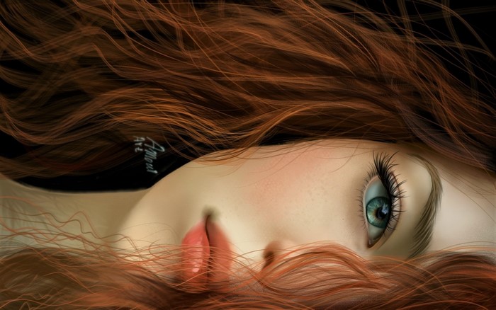 Close-up of a woman with red hair and blue eyes