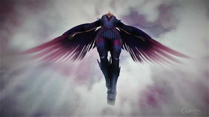 Crowfall character with wings flying in clouds