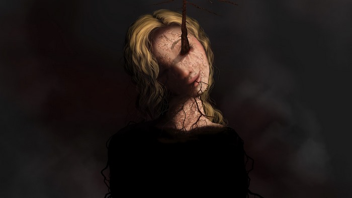 Dark Surreal Woman with Cracked Skin and Horn
