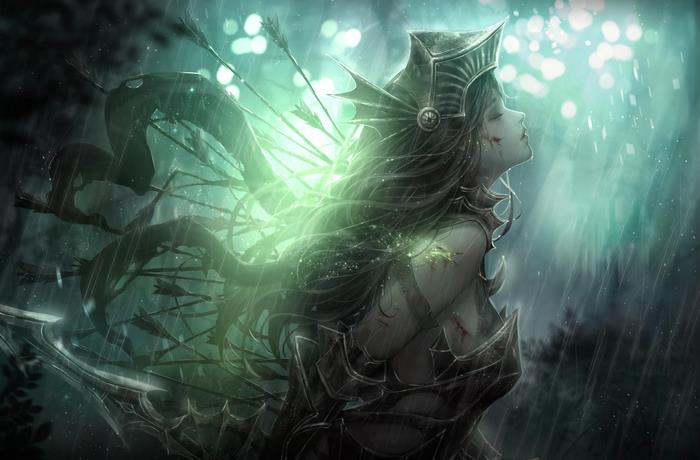 Fantasy warrior woman with arrows in her back