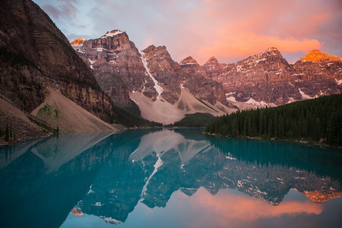 Moraine Lake at Sunset with Mountain Reflection