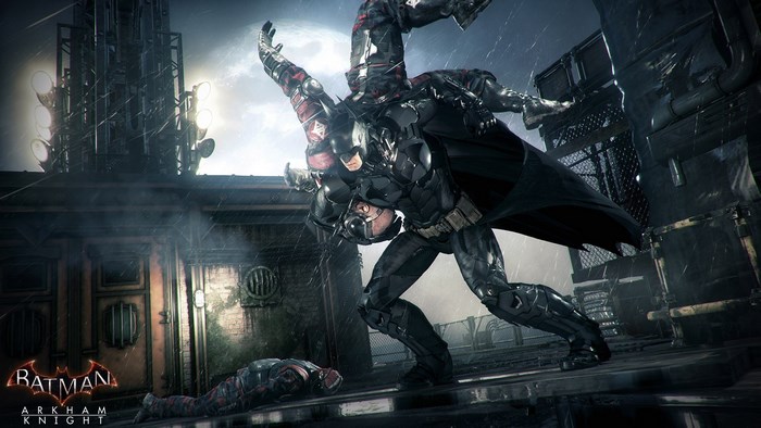 Batman from Batman: Arkham Knight fighting an enemy