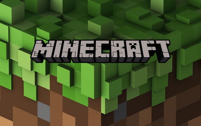 Minecraft logo on a blocky landscape