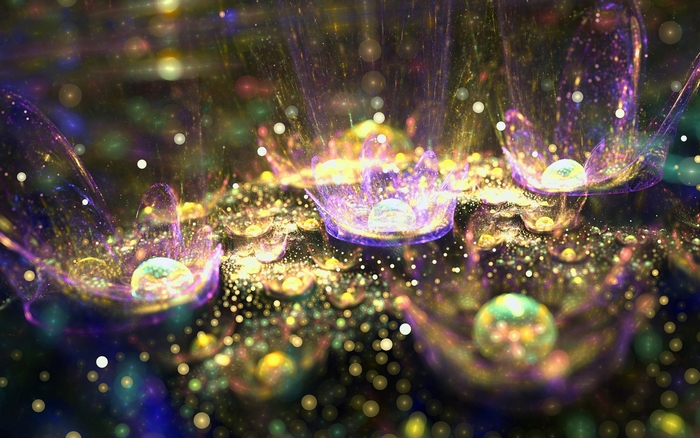 Abstract fractal flowers with glowing particles