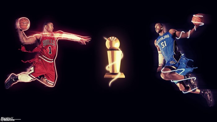 Derrick Rose and Dwight Howard with NBA Trophy
