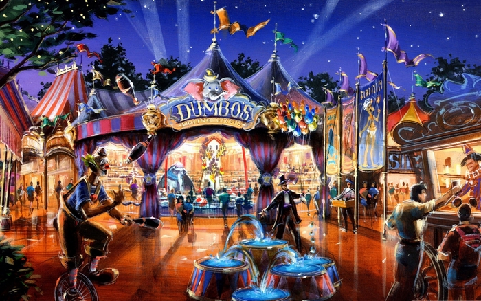 Dumbo's Flying Circus at a Nighttime Carnival