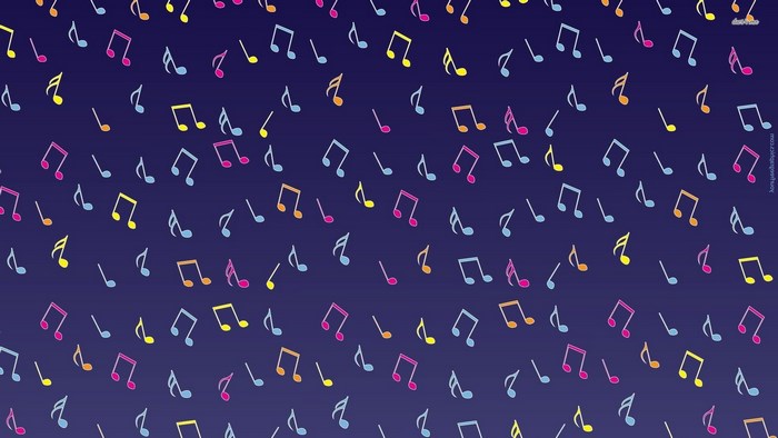 Colorful musical notes pattern on dark blue background