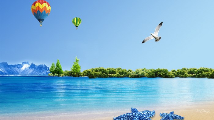 Hot air balloons over a tropical island with mountains