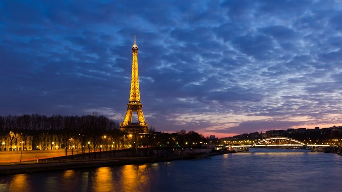 Eiffel Tower and Seine River at Dusk