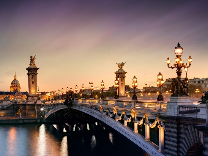 Pont Alexandre III bridge in Paris at sunset