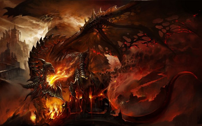 Dragon breathing fire over a ruined city