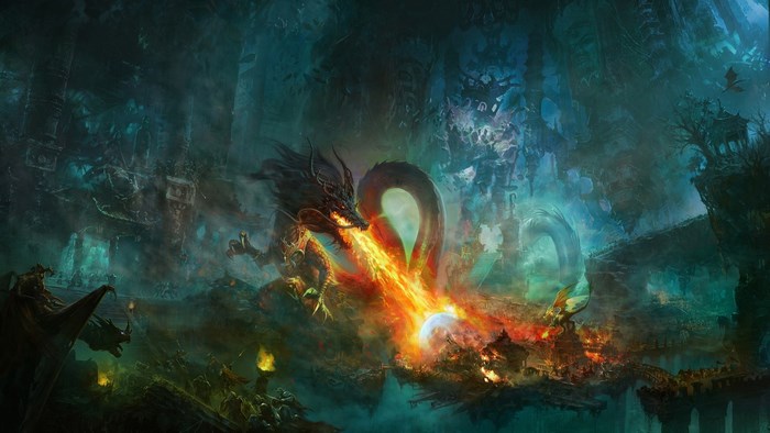 Dragon breathing fire on a city