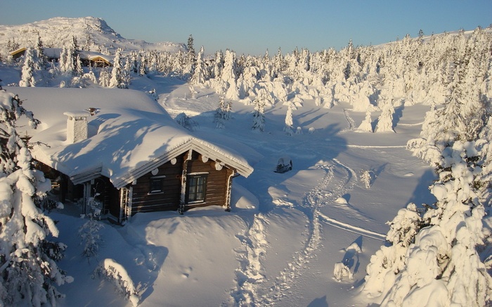 Snowy cabin in a winter forest with a snowmobile