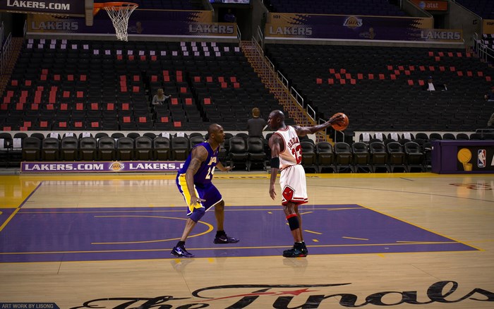 Michael Jordan and Kobe Bryant on basketball court