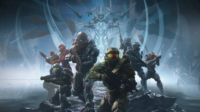 Halo characters in front of a large mechanical structure