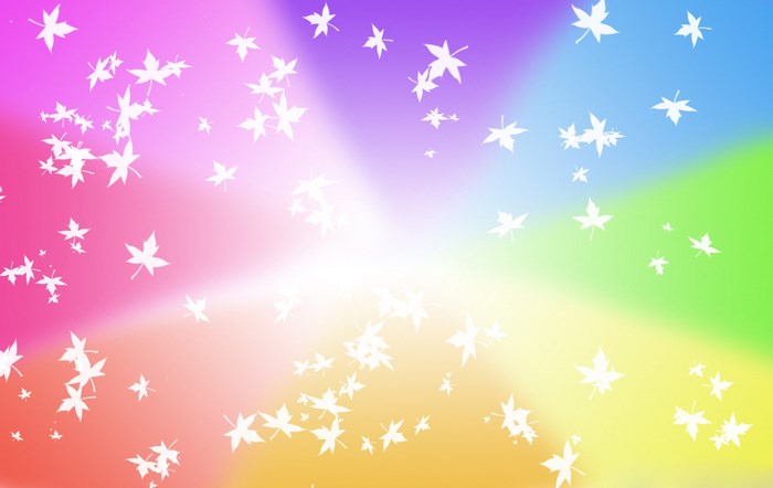 White maple leaves falling on a rainbow gradient background