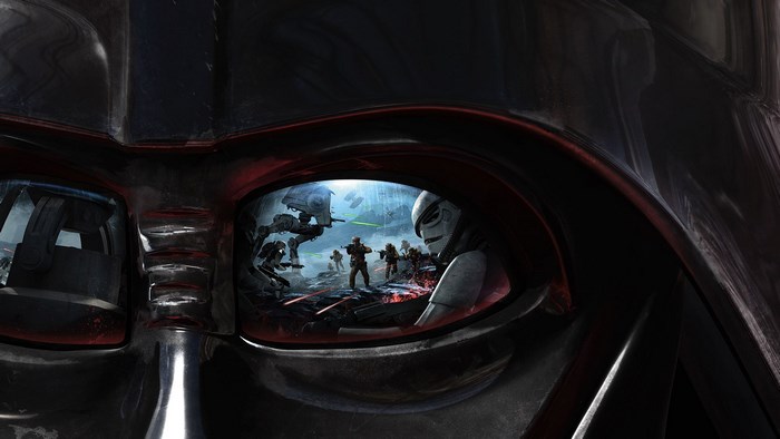 Darth Vader's helmet reflecting a Star Wars battle