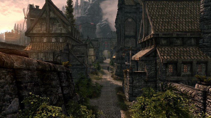 Skyrim Whiterun city street with mountains