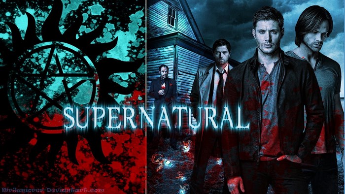 Supernatural: Sam, Dean, and Castiel in front of a house