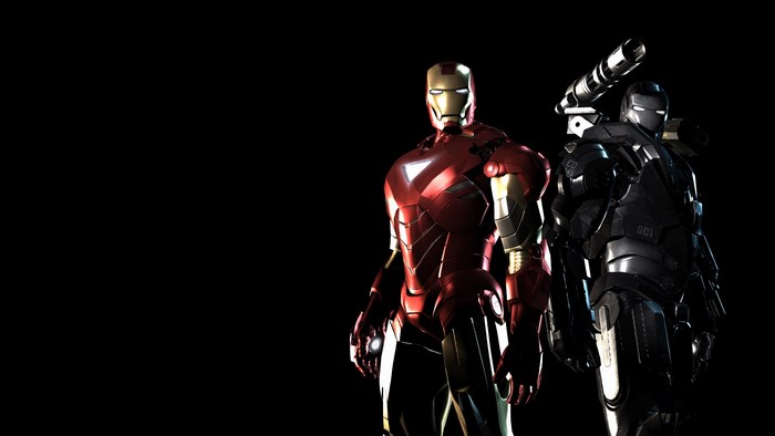 Iron Man and War Machine standing against a black background