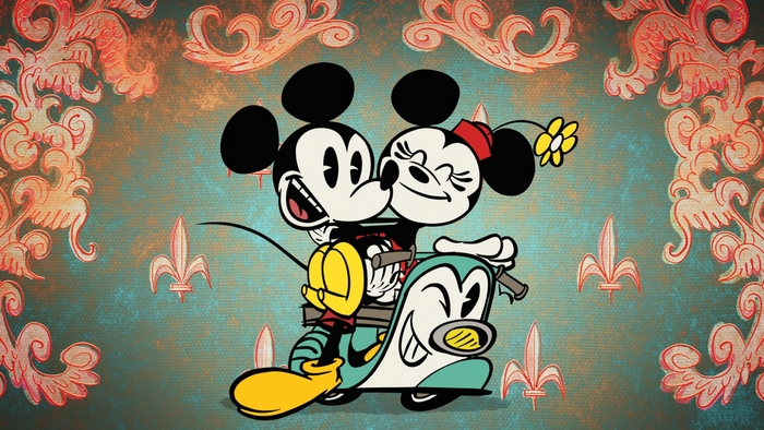 Mickey and Minnie Mouse on a scooter