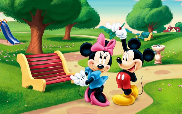 Minnie Mouse and Mickey Mouse in a park