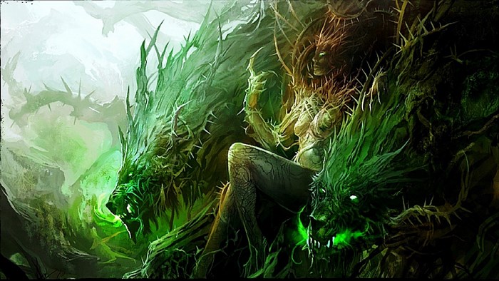 Fantasy woman with thorny vines and monstrous creatures