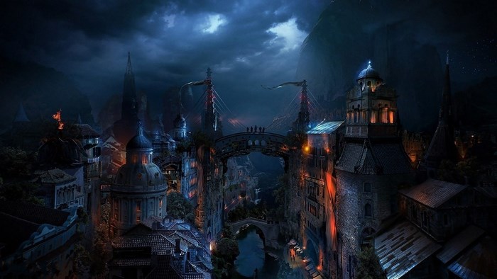 Fantasy city with bridges and towers at night