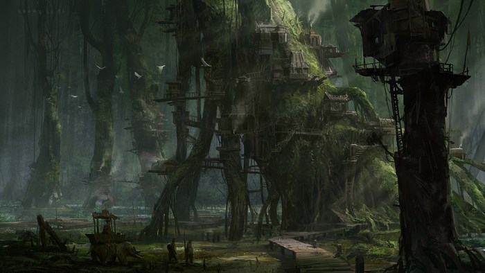 Fantasy swamp village built on trees
