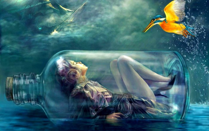 Fantasy art of a woman in a bottle with a bird and ship