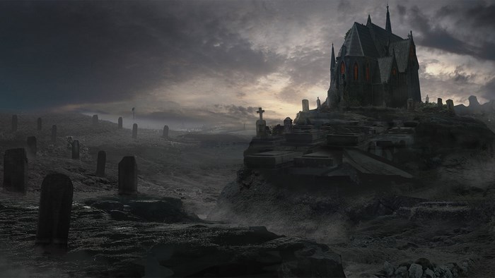 Dark Cemetery with Gothic Church at Dusk